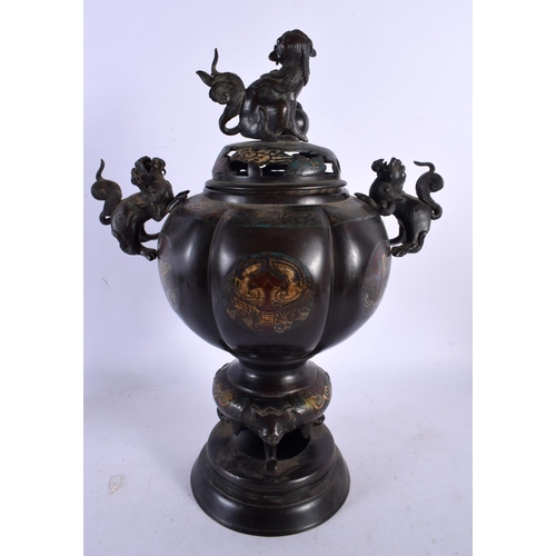 2075 - A LARGE 19TH CENTURY JAPANESE MEIJI PERIOD BRONZE AND CHAMPLEVE ENAMEL CENSER AND COVER decorated wi... 