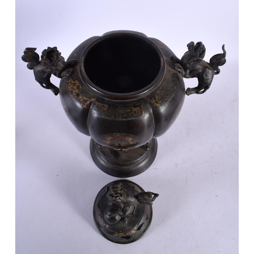 2075 - A LARGE 19TH CENTURY JAPANESE MEIJI PERIOD BRONZE AND CHAMPLEVE ENAMEL CENSER AND COVER decorated wi... 