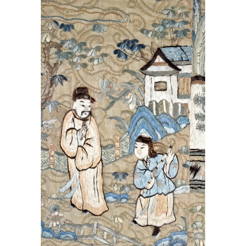 2081 - A LATE 19TH CENTURY CHINESE SILKWORK DOUBLE SLEEVE PANEL depicting figures in landscapes. 70 cm x 35... 