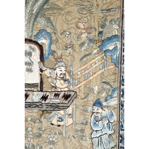 2081 - A LATE 19TH CENTURY CHINESE SILKWORK DOUBLE SLEEVE PANEL depicting figures in landscapes. 70 cm x 35... 