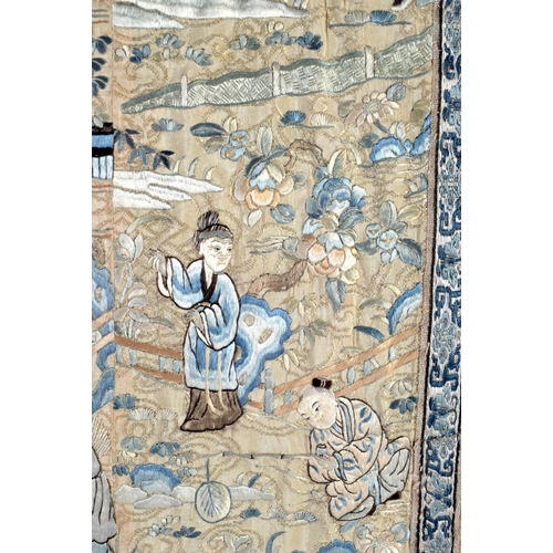 2081 - A LATE 19TH CENTURY CHINESE SILKWORK DOUBLE SLEEVE PANEL depicting figures in landscapes. 70 cm x 35... 