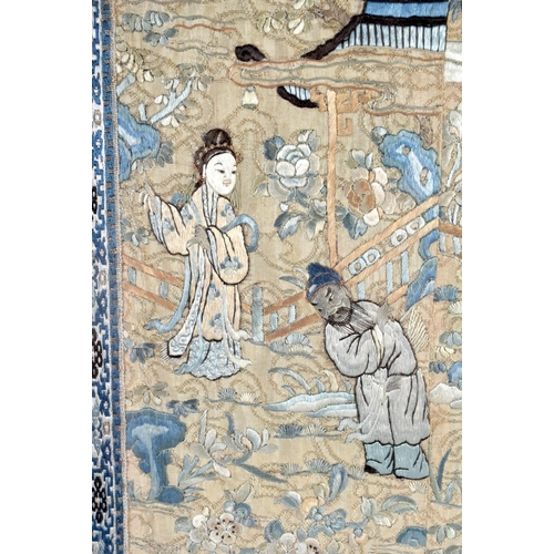 2081 - A LATE 19TH CENTURY CHINESE SILKWORK DOUBLE SLEEVE PANEL depicting figures in landscapes. 70 cm x 35... 