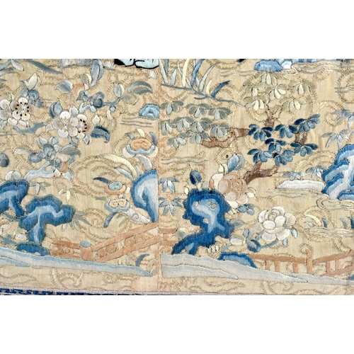 2081 - A LATE 19TH CENTURY CHINESE SILKWORK DOUBLE SLEEVE PANEL depicting figures in landscapes. 70 cm x 35... 