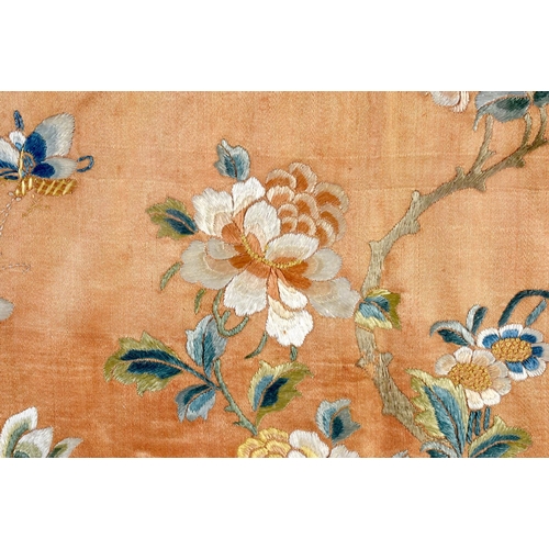 2082 - A LATE 19TH CENTURY CHINESE FRAMED SILKWORK ORANGE FLOWER PANEL Qing. 50 cm x 44 cm.