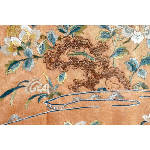 2082 - A LATE 19TH CENTURY CHINESE FRAMED SILKWORK ORANGE FLOWER PANEL Qing. 50 cm x 44 cm.