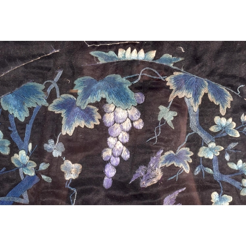 2083 - A LATE 19TH CENTURY JAPANESE MEIJI PERIOD BLACK EMBROIDERED DOUBLE BIRD PANEL. 60 cm square.