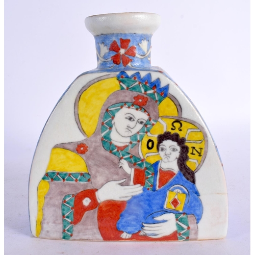 2085 - AN TURKISH OTTOMAN KUTAHYA TRIANGLE WATER FLASK. 16 cm x 14 cm.