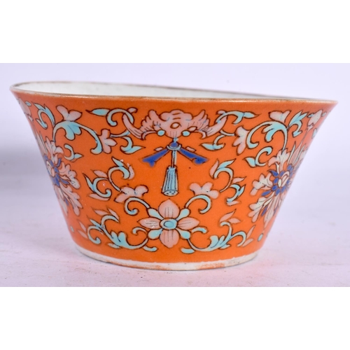 2091 - A RARE NEAR PAIR OF 19TH CENTURY CHINESE CORAL GROUND BOWLS Late Qing. Largest 9.5 cm diameter. (2)