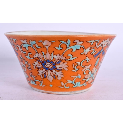 2091 - A RARE NEAR PAIR OF 19TH CENTURY CHINESE CORAL GROUND BOWLS Late Qing. Largest 9.5 cm diameter. (2)