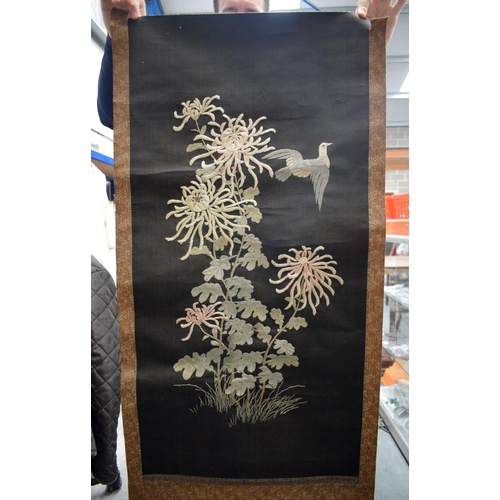 2136 - TWO VINTAGE CHINESE SCROLLS and a similar Japanese embroidered scroll. Largest 188 cm x 75 cm. (3)