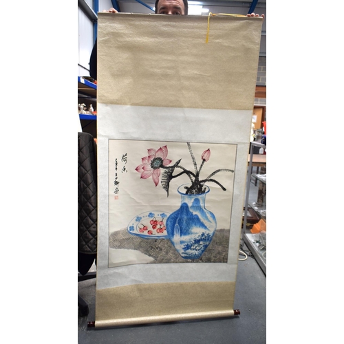 2136 - TWO VINTAGE CHINESE SCROLLS and a similar Japanese embroidered scroll. Largest 188 cm x 75 cm. (3)