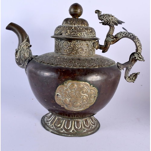 2140 - A RARE LARGE 18TH/19TH CENTURY TIBETAN MIXED METAL SILVER OVERLAID TEAPOT with warmer, decorated wit... 