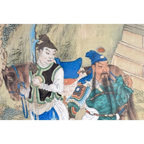 2146 - Chinese School (18th/19th Century) Watercolour, Blue robed male within a landscape, beside a flag be... 