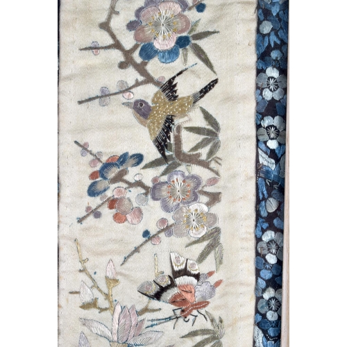 2147 - A PAIR OF 19TH CENTURY CHINESE EMBROIDERED SILK WORK SLEEVES together with a similar larger panel. L... 