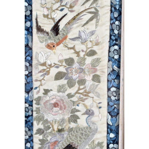 2147 - A PAIR OF 19TH CENTURY CHINESE EMBROIDERED SILK WORK SLEEVES together with a similar larger panel. L... 