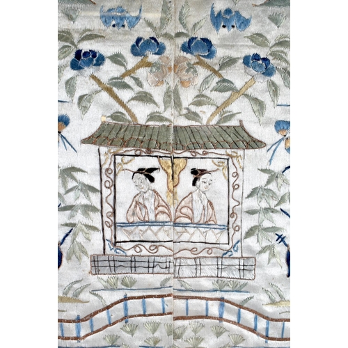 2147 - A PAIR OF 19TH CENTURY CHINESE EMBROIDERED SILK WORK SLEEVES together with a similar larger panel. L... 