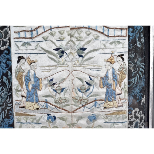 2147 - A PAIR OF 19TH CENTURY CHINESE EMBROIDERED SILK WORK SLEEVES together with a similar larger panel. L... 