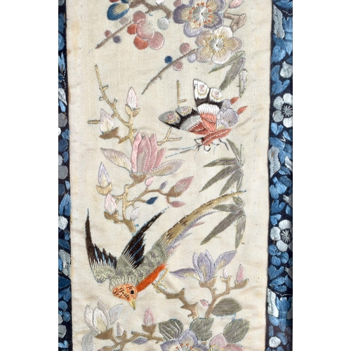 2147 - A PAIR OF 19TH CENTURY CHINESE EMBROIDERED SILK WORK SLEEVES together with a similar larger panel. L... 