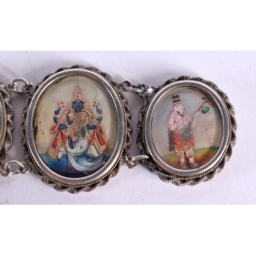 2161 - A FINE 19TH CENTURY INDIAN SILVER ENAMEL AND IVORY BRACELET depicting buddhistic figures. 60 grams. ... 