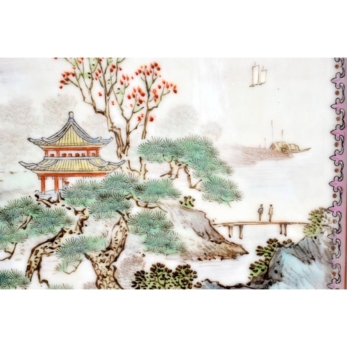 2162 - FOUR LARGE CHINESE REPUBLICAN PERIOD FAMILLE ROSE HARDWOOD AND PORCELAIN PANELS. 48 cm x 24 cm. (4)