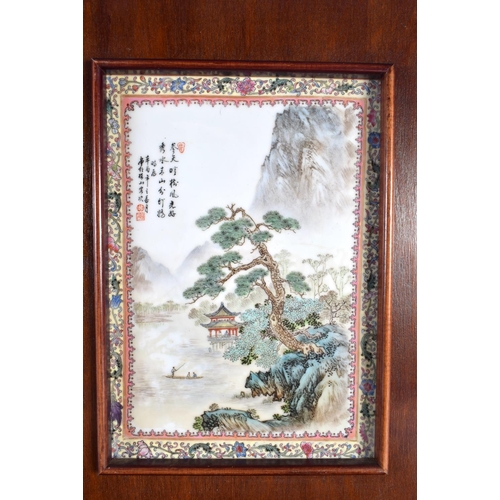 2162 - FOUR LARGE CHINESE REPUBLICAN PERIOD FAMILLE ROSE HARDWOOD AND PORCELAIN PANELS. 48 cm x 24 cm. (4)