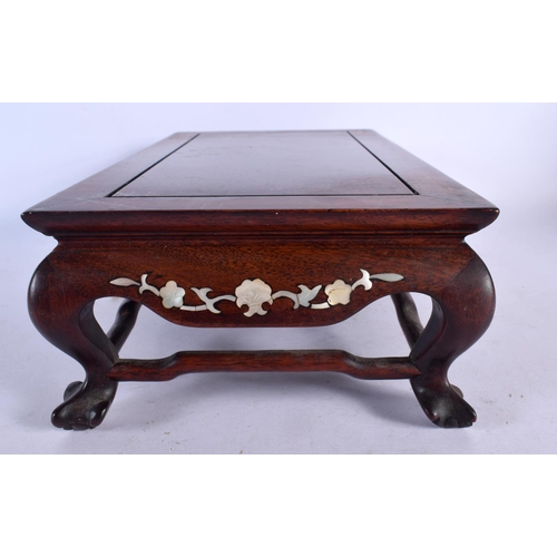 2163 - A CHINESE REPUBLICAN PERIOD HARDWOOD MOTHER OF PEARL INLAID STAND together with a framed silk & a la... 