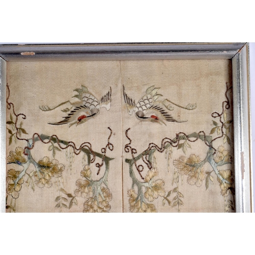 2163 - A CHINESE REPUBLICAN PERIOD HARDWOOD MOTHER OF PEARL INLAID STAND together with a framed silk & a la... 