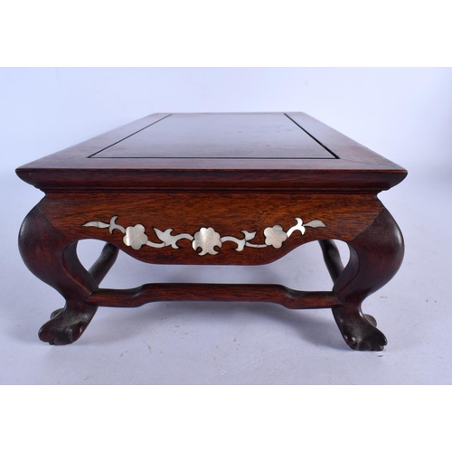 2163 - A CHINESE REPUBLICAN PERIOD HARDWOOD MOTHER OF PEARL INLAID STAND together with a framed silk & a la... 