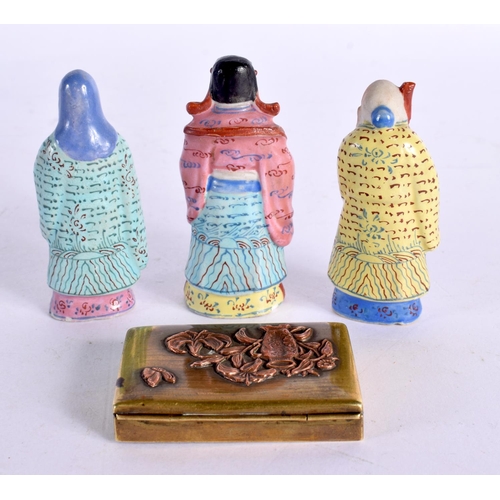 2165 - THREE CHINESE REPUBLICAN PERIOD PORCELAIN FIGURES together with a mixed metal Japanese box. (4)