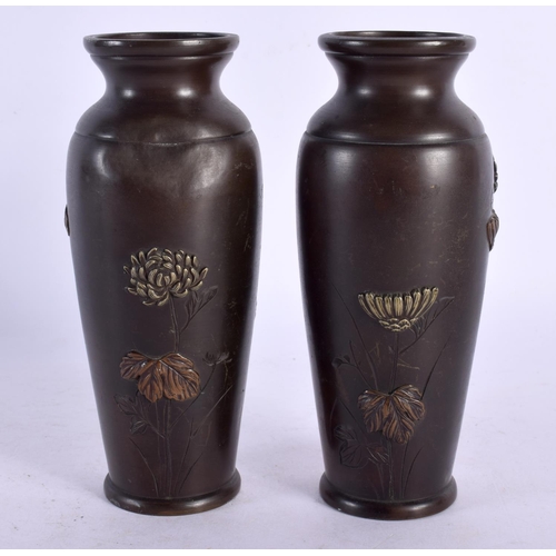 2181 - A PAIR OF 19TH CENTURY JAPANESE MEIJI PERIOD MIXED METAL BRONZE VASES decorated with birds and folia... 