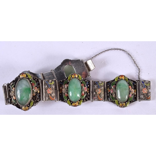 2186 - AN EARLY 20TH CENTURY CHINESE SILVER JADEITE AND ENAMEL BRACELET Late Qing/Republic. 31 grams. 15 cm... 