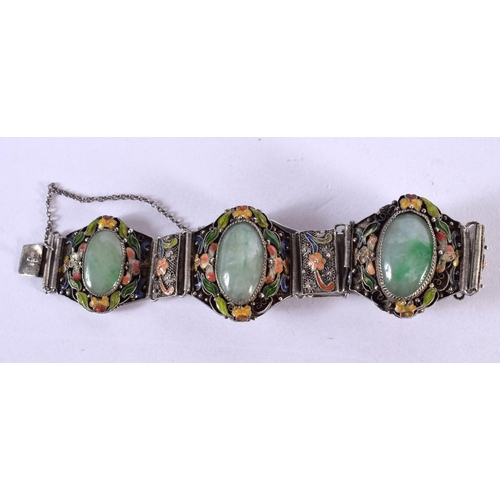 2186 - AN EARLY 20TH CENTURY CHINESE SILVER JADEITE AND ENAMEL BRACELET Late Qing/Republic. 31 grams. 15 cm... 