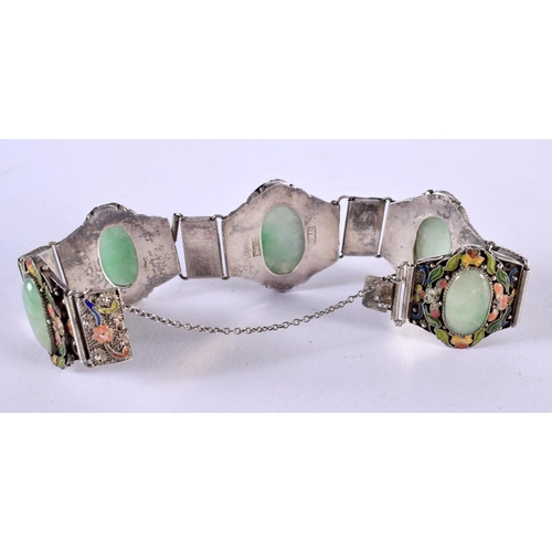 2186 - AN EARLY 20TH CENTURY CHINESE SILVER JADEITE AND ENAMEL BRACELET Late Qing/Republic. 31 grams. 15 cm... 