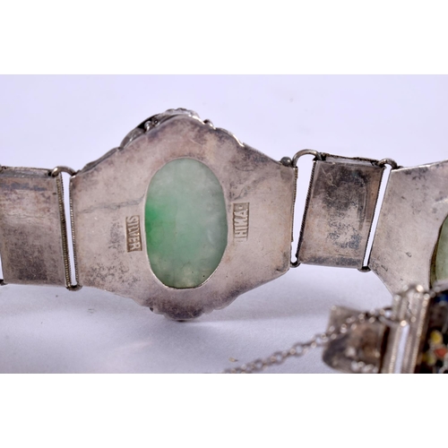 2186 - AN EARLY 20TH CENTURY CHINESE SILVER JADEITE AND ENAMEL BRACELET Late Qing/Republic. 31 grams. 15 cm... 