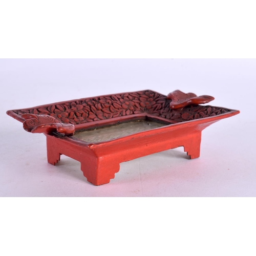 2197 - AN EARLY 20TH CENTURY CHINESE CINNABAR LACQUER OVERLAID JADE TABLET Late Qing/Republic. 12 cm x 7.5 ... 