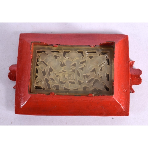 2197 - AN EARLY 20TH CENTURY CHINESE CINNABAR LACQUER OVERLAID JADE TABLET Late Qing/Republic. 12 cm x 7.5 ... 