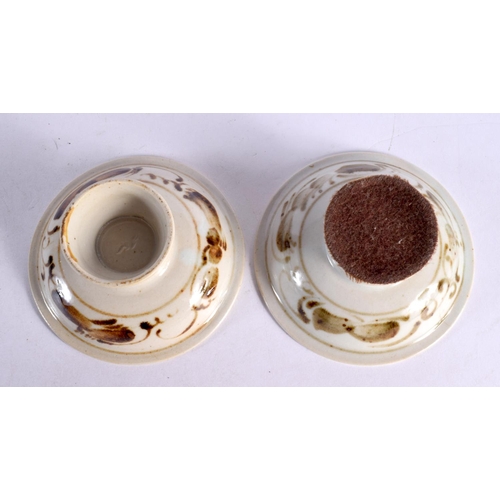 2214 - A PAIR OF EARLY 20TH CENTURY CHINESE BROWN GLAZED TAZZA. 9 cm wide.