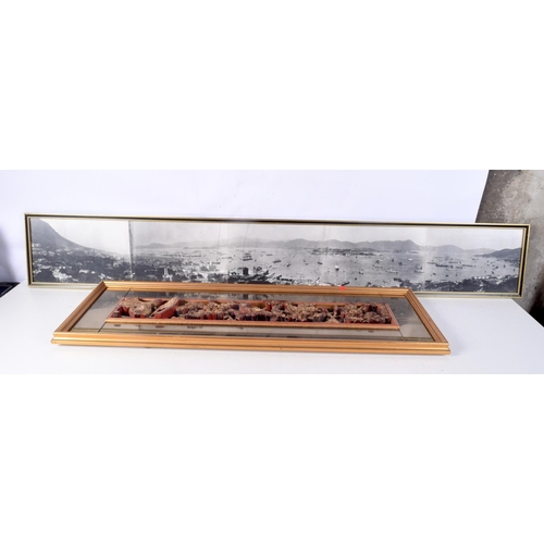 3710 - A framed photograph of a harbour together with a mirror with a central wooden frieze 18 x 136 (2).