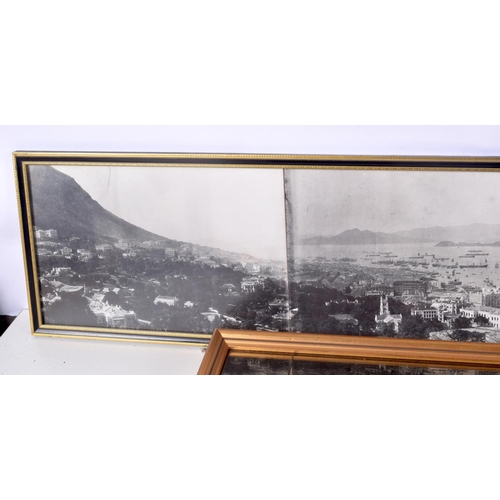 3710 - A framed photograph of a harbour together with a mirror with a central wooden frieze 18 x 136 (2).