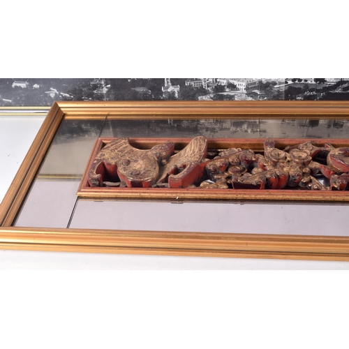 3710 - A framed photograph of a harbour together with a mirror with a central wooden frieze 18 x 136 (2).