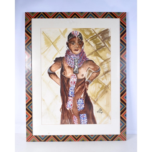 3712 - A framed watercolour of a African tribal female by Mumbi Ugo 95. 74 x 53 cm.