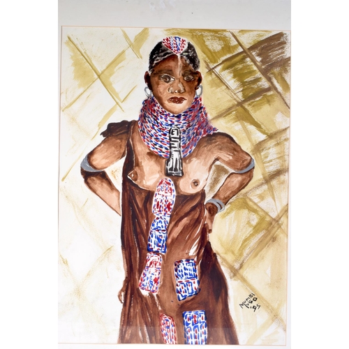 3712 - A framed watercolour of a African tribal female by Mumbi Ugo 95. 74 x 53 cm.