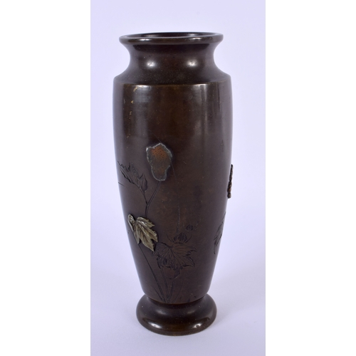 1848 - A 19TH CENTURY JAPANESE MEIJI PERIOD BRONZE ONLAID VASE decorated with birds and foliage. 15 cm high... 