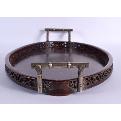 1859 - A LARGE 19TH CENTURY CHINESE TWIN HANDLED SILVER MOUNTED HARDWOOD TRAY. 55 cm x 30 cm.