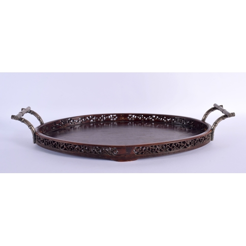 1859 - A LARGE 19TH CENTURY CHINESE TWIN HANDLED SILVER MOUNTED HARDWOOD TRAY. 55 cm x 30 cm.