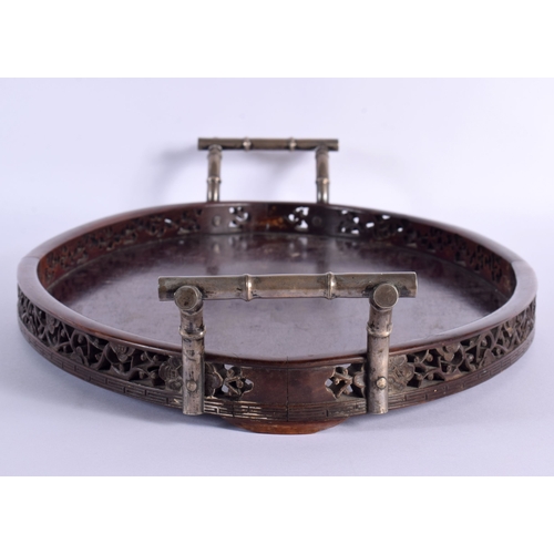 1859 - A LARGE 19TH CENTURY CHINESE TWIN HANDLED SILVER MOUNTED HARDWOOD TRAY. 55 cm x 30 cm.