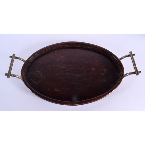 1859 - A LARGE 19TH CENTURY CHINESE TWIN HANDLED SILVER MOUNTED HARDWOOD TRAY. 55 cm x 30 cm.