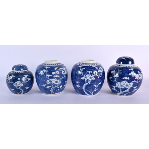 1865 - FOUR 19TH CENTURY CHINESE BLUE AND WHITE GINGER JARS Kangxi style. Largest 15 cm x 11 cm. (4)