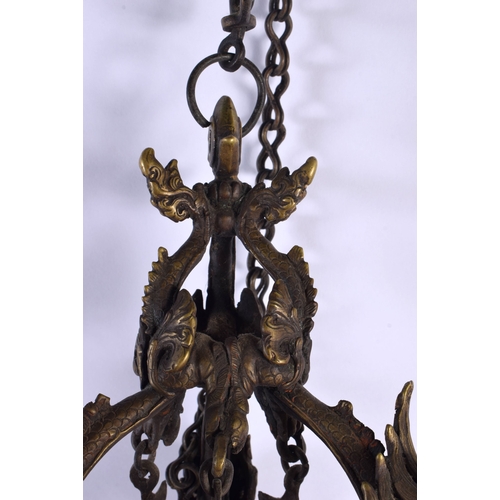 1867 - A RARE 19TH CENTURY INDIAN TIBETAN BRONZE HANGING BUDDHISTIC OIL BURNER formed with dragons and mask... 