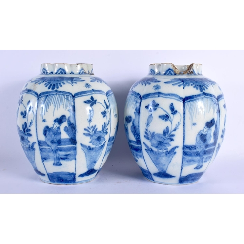 10 - A PAIR OF 18TH CENTURY DUTCH DELFT BLUE AND WHITE LOBED VASES painted with Oriental figures in lands... 